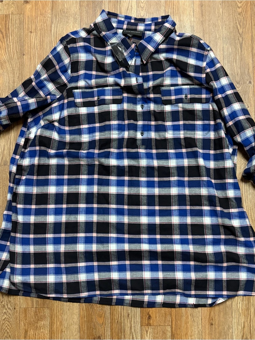 Lane Bryant Blue, Black and White Plaid Button-Down Shirt